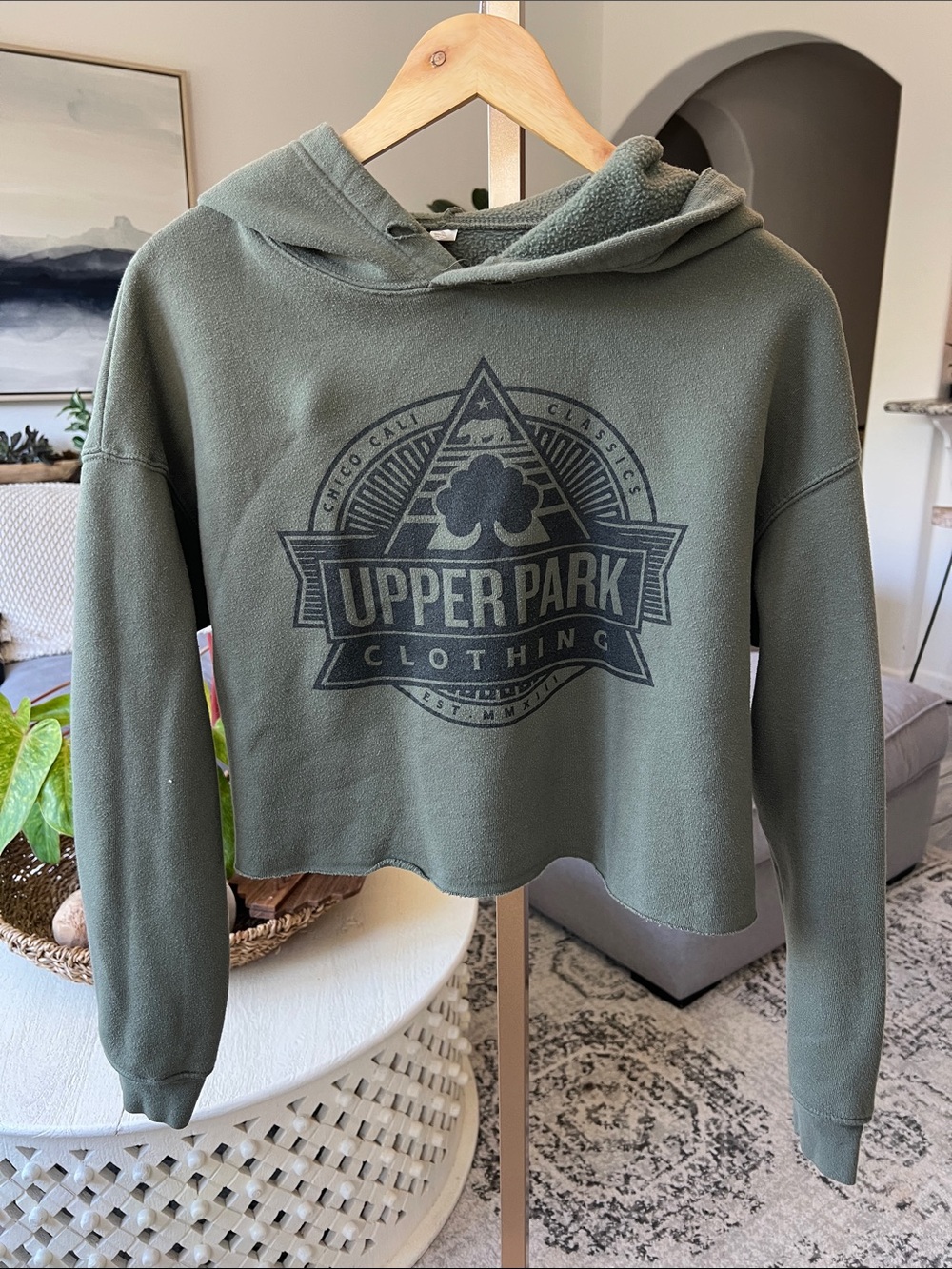 Olive Green Cropped Hoodie Sweater - Women